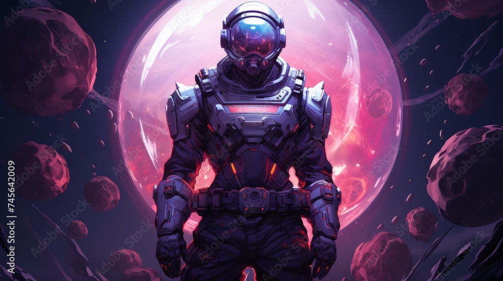 Astronaut in colorful bubble filled galaxies on distant planet, surreal space painting Astronaut in colorful bubble filled galaxies on distant planet, surreal space painting