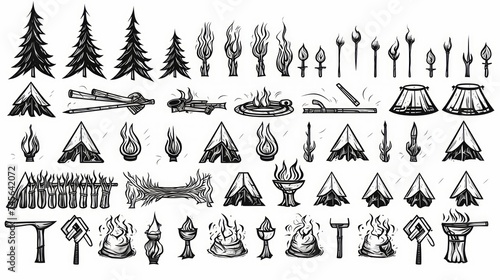 Generative AI Set of detailed campfire icons  barbaric tribal   printable  monochrome  sharp bold black lines  vector line art  isolated on white background