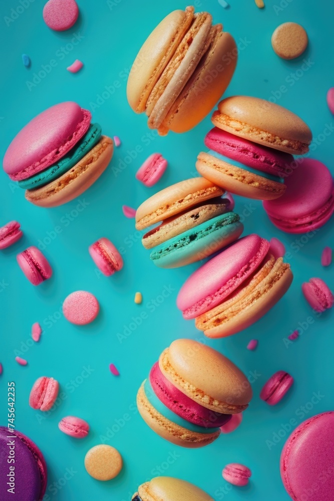 a group of macarons are flying in the air a group of macarons are flying in the air