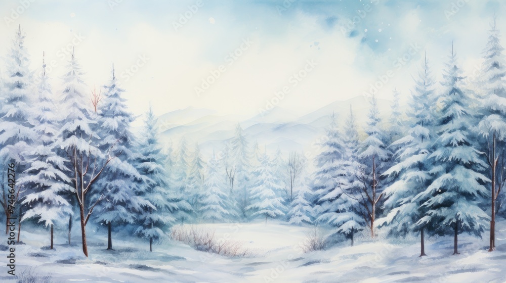 Generative AI Snow-covered forests with pine trees. aquarelle Generative AI Snow-covered forests with pine trees. aquarelle