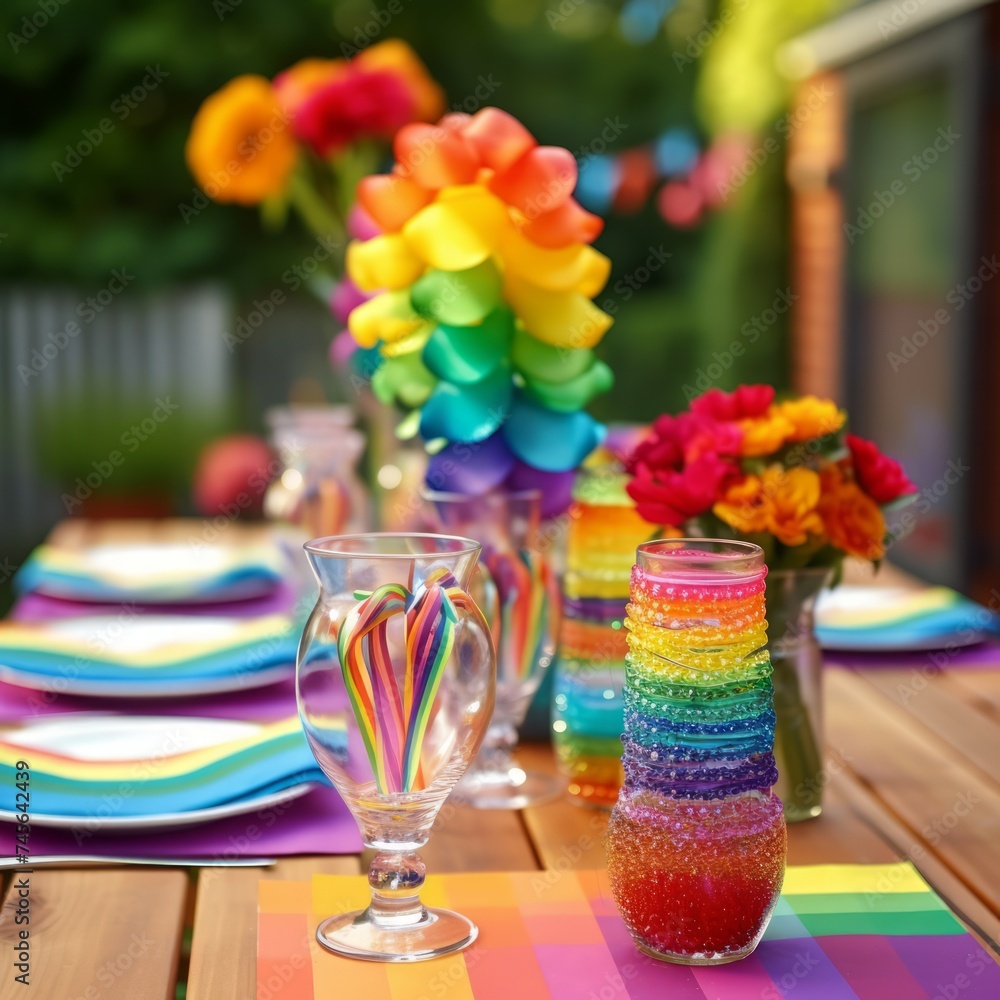 Stock image of LGBTQ pride symbols and decorations at an event or celebration, vibrant and colorful Generative AI Stock image of LGBTQ pride symbols and decorations at an event or celebration, vibrant and colorful Generative AI