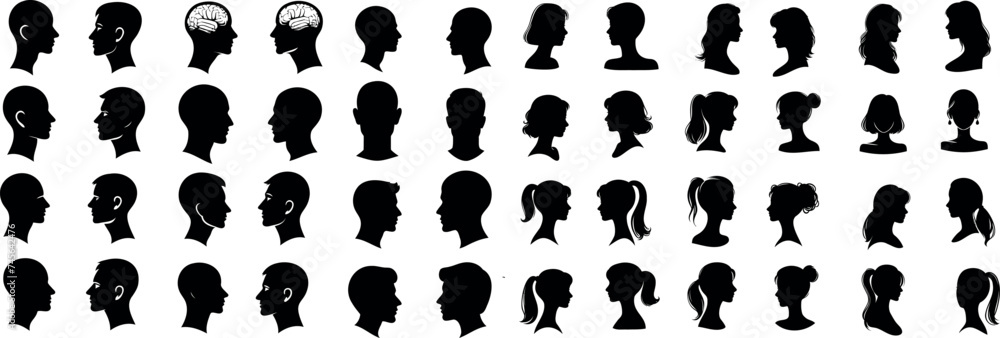 Cameo Silhouette collection, diverse profiles. Ideal for identity, character design visuals. Men, women showcasing various hairstyles, features. Variety in shapes, sizes of heads, hairstyles depicted
 - obrazy, fototapety, plakaty 