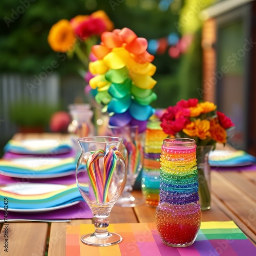 Stock image of LGBTQ pride symbols and decorations at an event or celebration  vibrant and colorful Generative AI