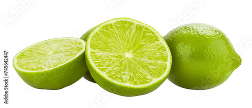 Collection of fresh organic lime fruits with some lime fruits already sliced, lime fruits on transparent background. Created with Generative AI.