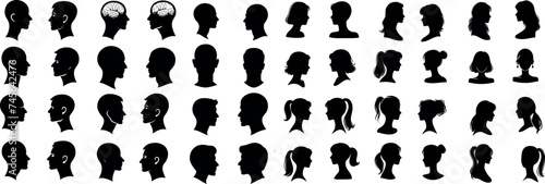 Cameo Silhouette collection, diverse profiles. Ideal for identity, character design visuals. Men, women showcasing various hairstyles, features. Variety in shapes, sizes of heads, hairstyles depicted
 photo