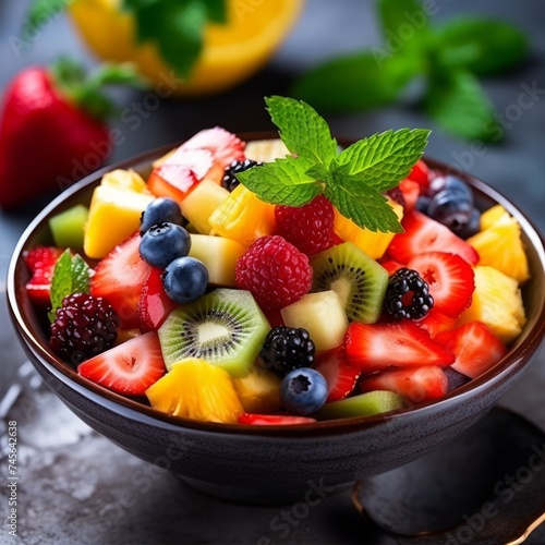 Stock image of a colorful fruit salad in a bowl  fresh and nutritious dessert or snack Generative AI