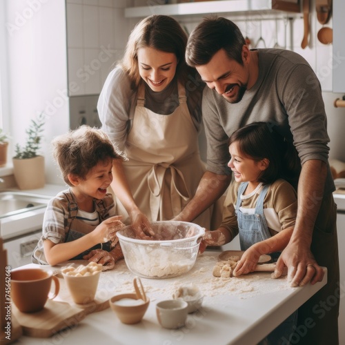 Stock image of a family cooking and baking together in the kitchen, joyful and messy Generative AI