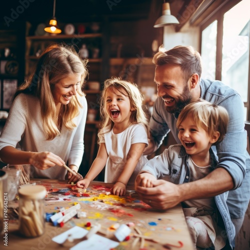 Stock image of a family doing arts and crafts together, messy and creative Generative AI