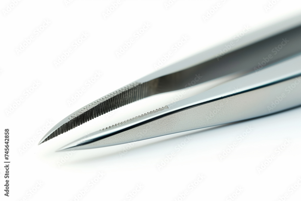 Close-up of a pair of stainless steel tweezers with pointed tips Close-up of a pair of stainless steel tweezers with pointed tips