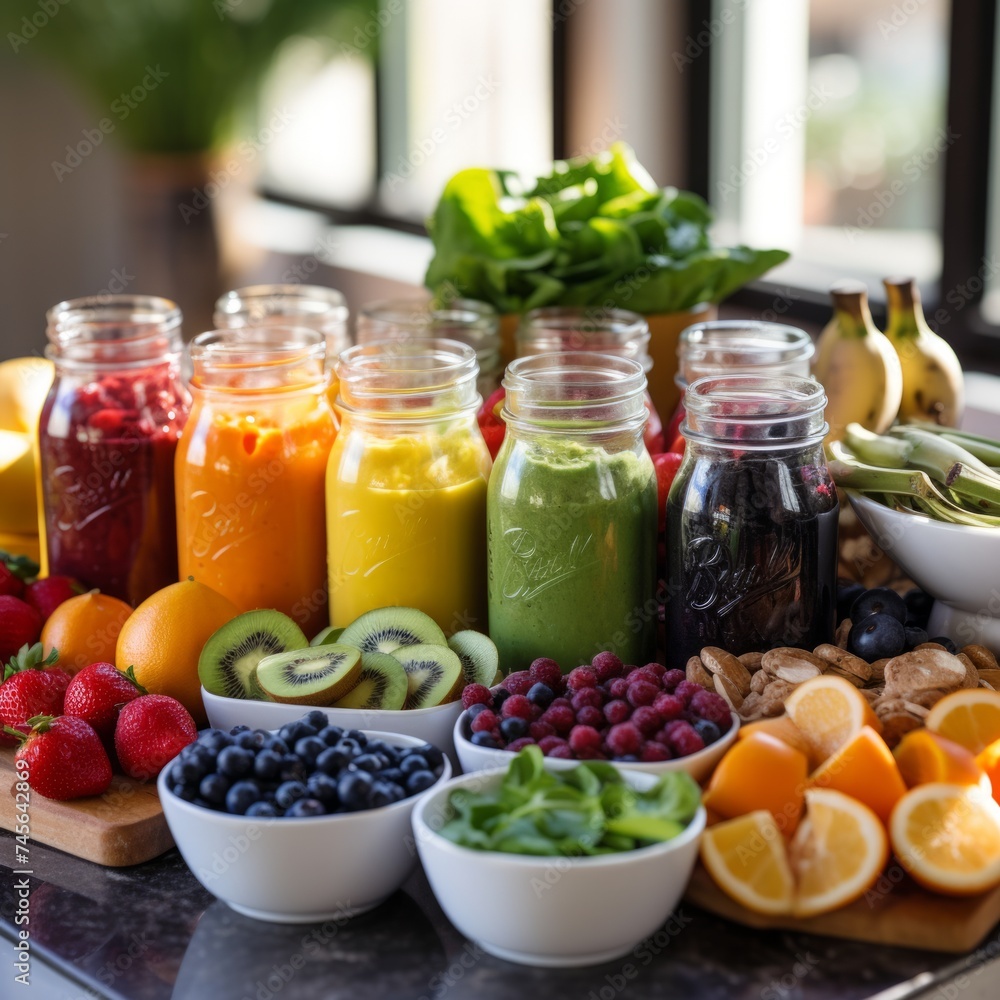 Stock image of a healthy smoothie bar with various ingredients, fresh and vibrant option Generative AI Stock image of a healthy smoothie bar with various ingredients, fresh and vibrant option Generative AI