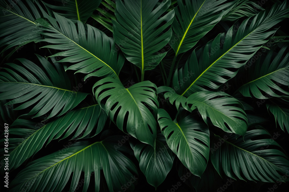 Foliage of tropical leaf in dark green texture, abstract pattern nature background Foliage of tropical leaf in dark green texture, abstract pattern nature background