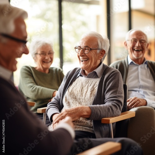 Stock image of a group of seniors enjoying a book club discussion, intellectual and engaging Generative AI photo