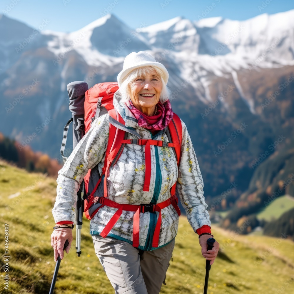 Stock image of a senior woman hiking in the mountains, adventurous and active lifestyle Generative AI