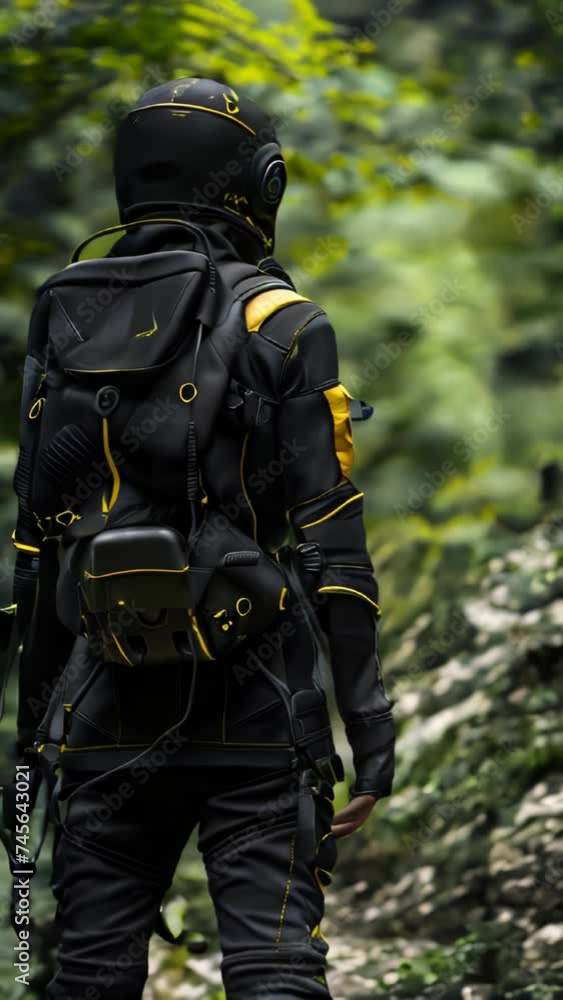 An explorer with a large yellow backpack, dressed in black and yellow, walks through a misty grey forest.
An explorer with a large yellow backpack, dressed in black and yellow, walks through a misty grey forest.
