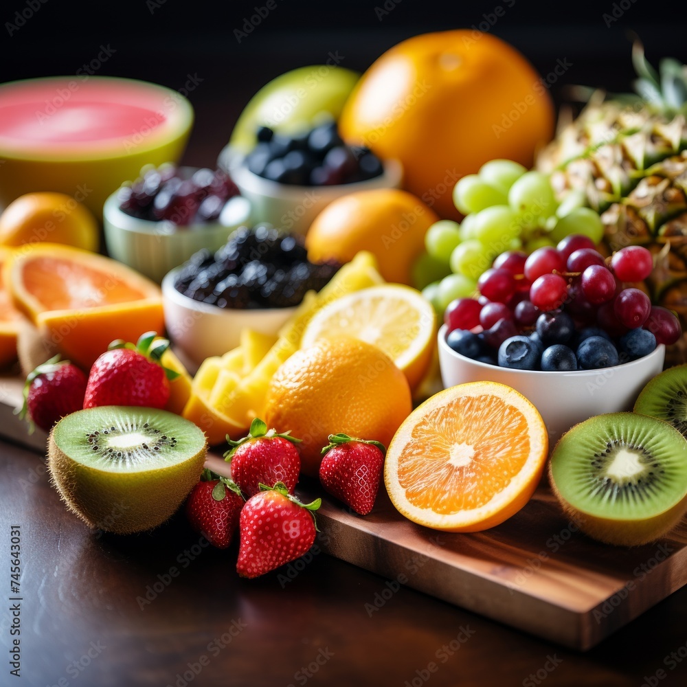 Stock image of a variety of colorful fresh fruits on a kitchen counter, healthy and natural snack Generative AI Stock image of a variety of colorful fresh fruits on a kitchen counter, healthy and natural snack Generative AI
