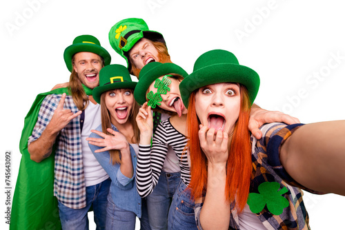 Self-portrait of nice childish comic crazy attractive cheerful positive stylish people guys ladies wearing costumes showing tongue out wow reaction isolated over bright vivid shine background