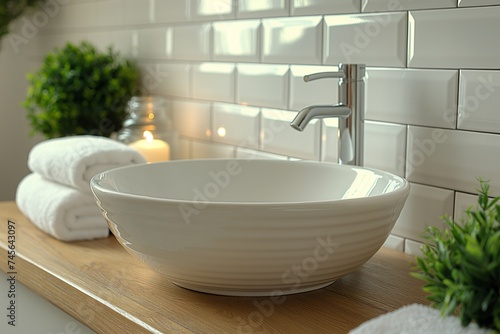 Elegant white bathroom sink with a modern faucet and rolled towels