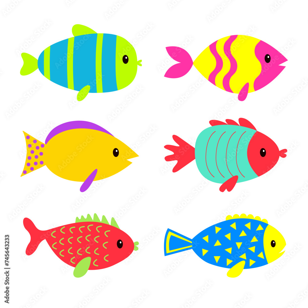 Cute fish icon set. Cartoon kawaii funny baby character. Marine life. Colorful brightly aquarium sea ocean animals. Kids collection. Childish style. Isolated. White background. Flat design. Cute fish icon set. Cartoon kawaii funny baby character. Marine life. Colorful brightly aquarium sea ocean animals. Kids collection. Childish style. Isolated. White background. Flat design.