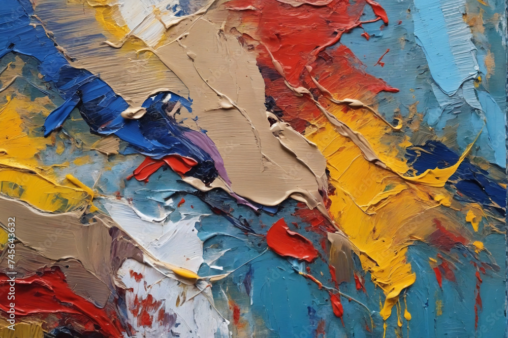 Fragment of multicolored texture painting. Abstract art background. oil on canvas. Rough brushstrokes of paint. Closeup of a painting by oil and palette knife