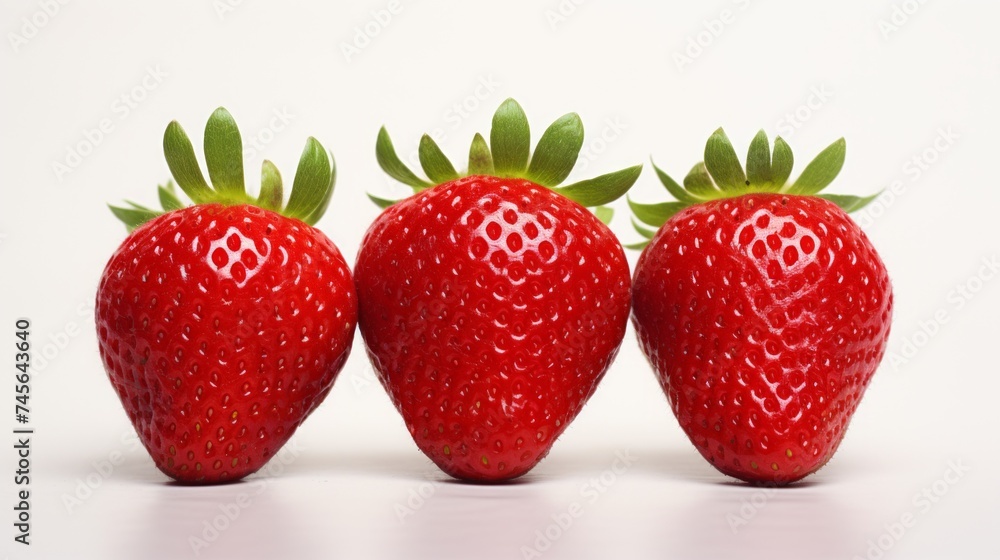 Three vibrant red strawberries captured in a close-up realistic photo against a white background Generative AI Three vibrant red strawberries captured in a close-up realistic photo against a white background Generative AI