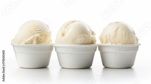 Three scoops of classic vanilla ice cream in a close-up realistic photo against a white background Generative AI