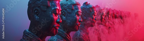 Terracotta Army reimagined with android soldiers, ancient meets AI, fuchsia energy fields