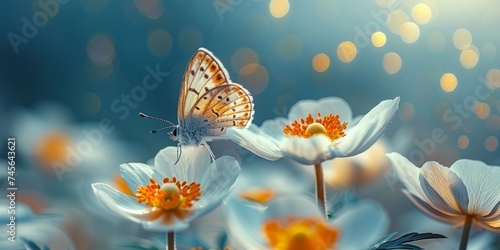 A butterfly rests on a yellow-white flower in a bright summer garden landscape.