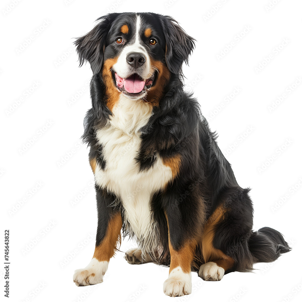 Pet, Bernese mountain dog, sits in full face, looks into the camera lens. PNG