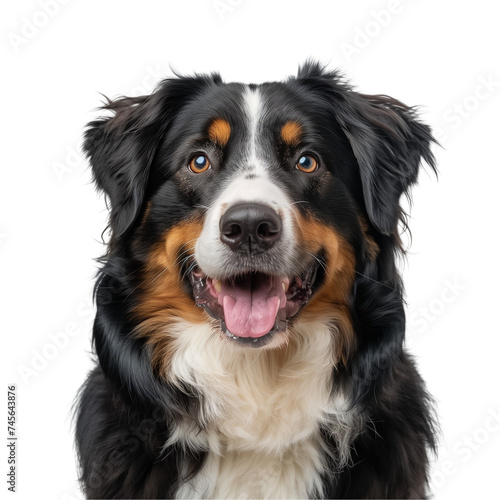 Pet, Bernese mountain dog, sits in full face, looks into the camera lens. PNG © Buri.a