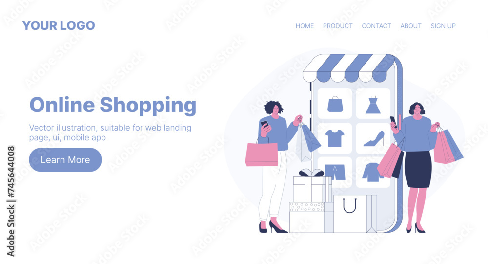Online Shopping. Web Landing Page Design. Flat Cartoon Vector Illustration. Vector illustration, suitable for web landing page, ui, mobile app.