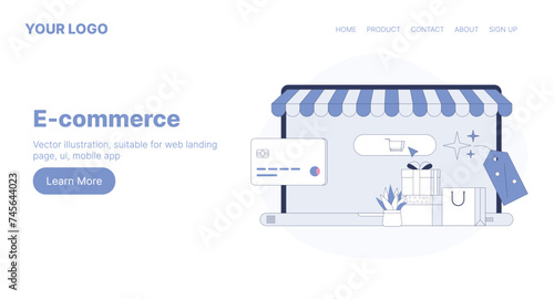 E-commerce. Web Landing Page Design. Flat Cartoon Vector Illustration. Vector illustration, suitable for web landing page, ui, mobile app.