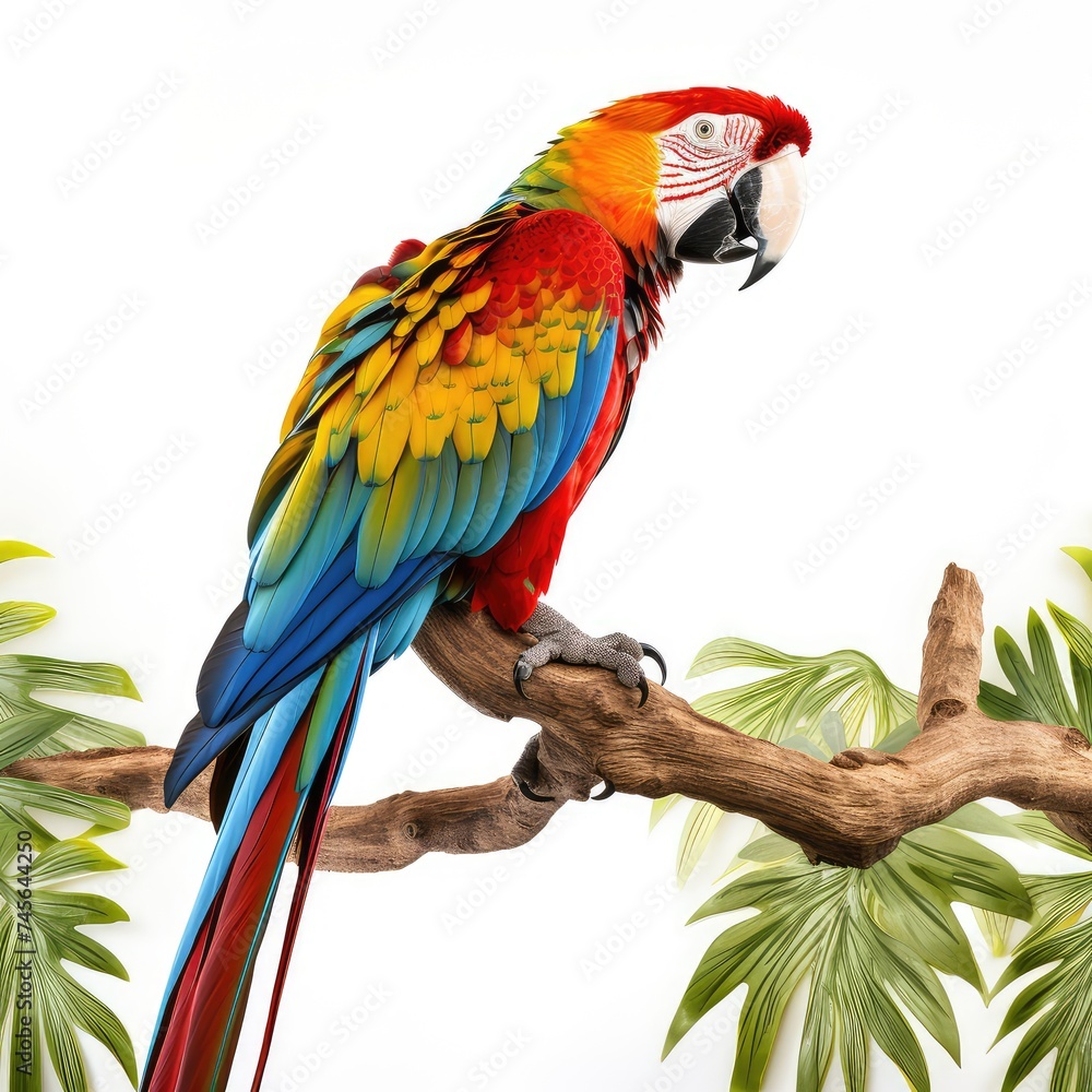 multi colored macaw perching on branch in tropical forest