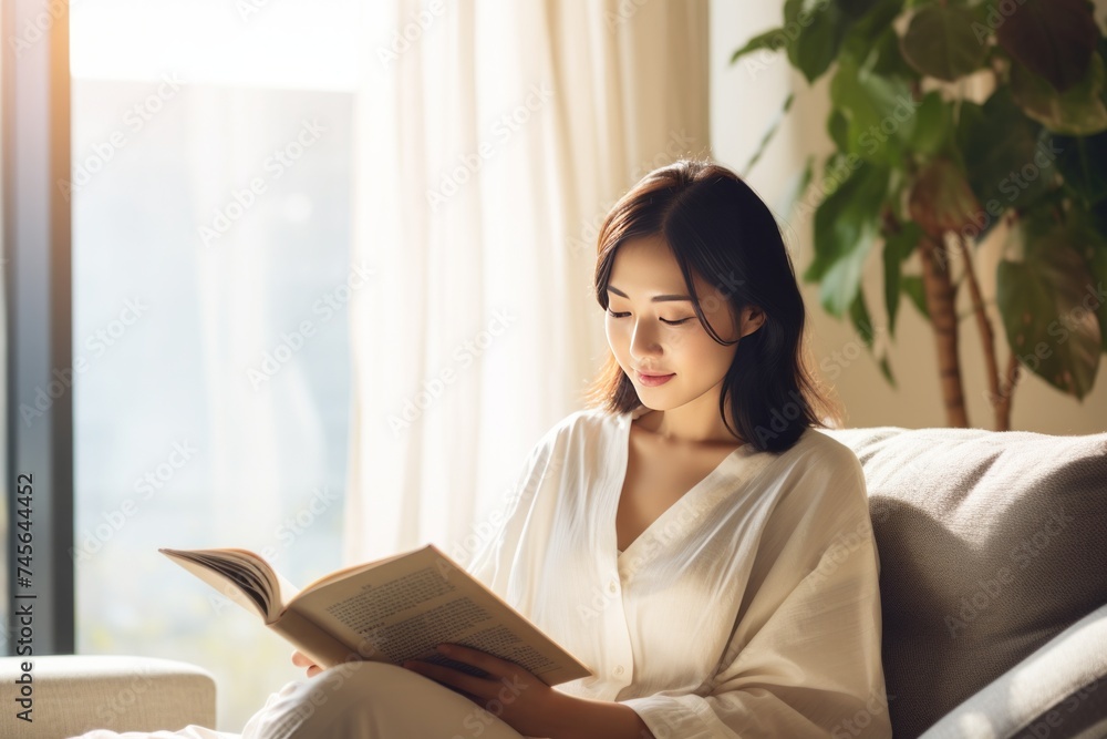 Young asian woman reading a book on couch in home. Happy - cheerful Asian young woman with eye glasses sitting on the sofa in living room and reading a book alone Young asian woman reading a book on couch in home. Happy - cheerful Asian young woman with eye glasses sitting on the sofa in living room and reading a book alone