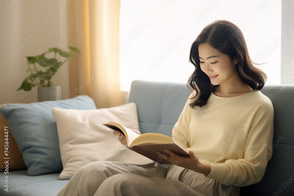 Young asian woman reading a book on couch in home. Happy - cheerful Asian young woman with eye glasses sitting on the sofa in living room and reading a book alone Young asian woman reading a book on couch in home. Happy - cheerful Asian young woman with eye glasses sitting on the sofa in living room and reading a book alone