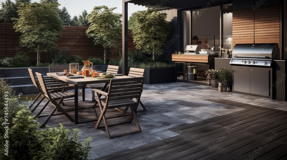 Generative AI Well-appointed outdoor terrace with a barbecue area and dining space.