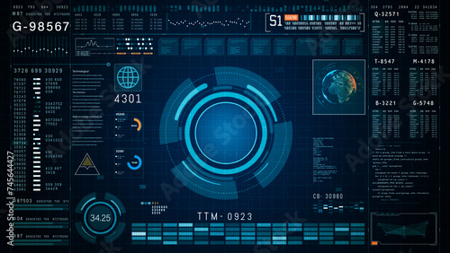 Sophisticated network security interface with central operation monitoring, detailed analytics, and global data flow visualization for enhanced cybersecurity. 3d rendering