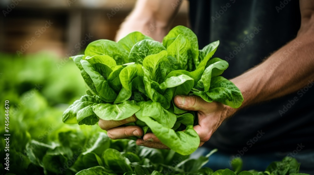 close-up of a man's hands holding a pile of lettuce leaves, harvesting in a greenhouse Generative AI close-up of a man's hands holding a pile of lettuce leaves, harvesting in a greenhouse Generative AI