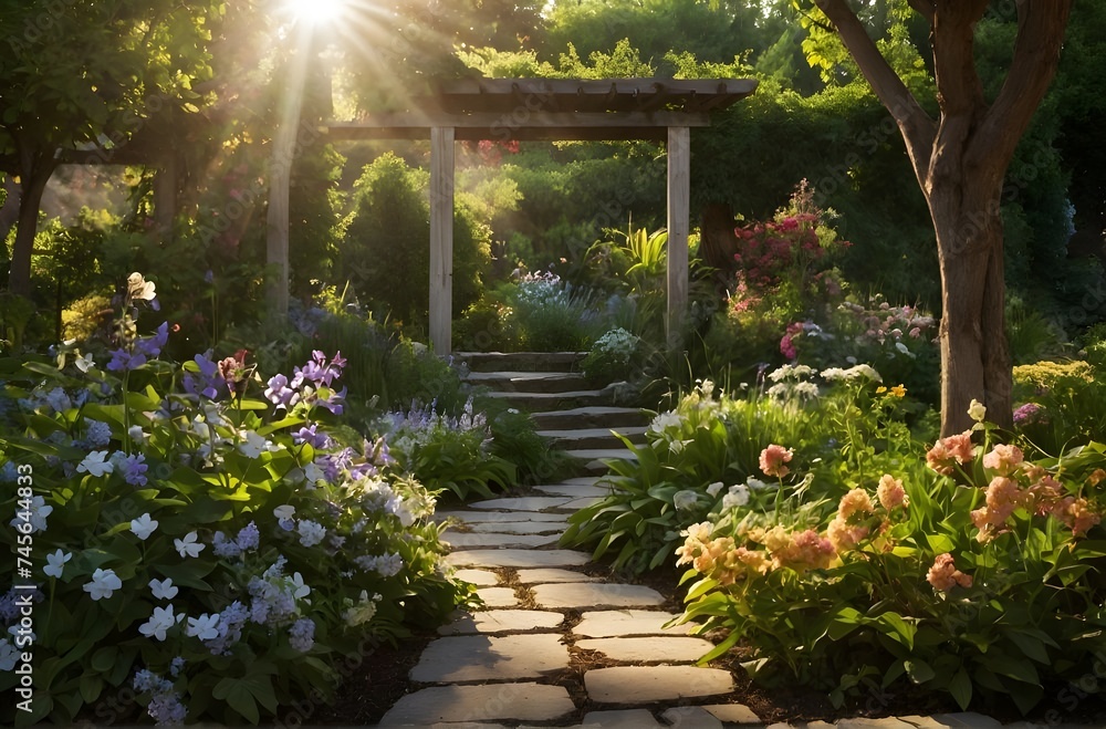 Sunlit Serenity: A Peaceful Garden Landscape Bathed in the Glow of Morning Light, generative AI