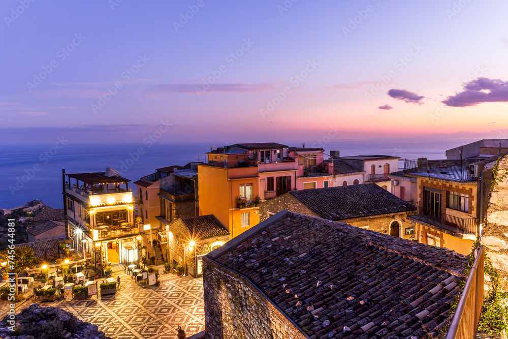 amazing evening view from mountain town to beautiful italian town with ...