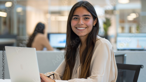 smiling young woman is seated at an office desk working on a laptop