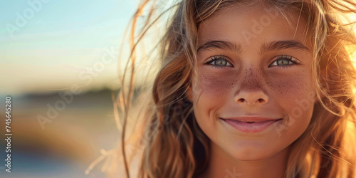 Girl's Serene Summer Smile. Young girl smiling serenely during a warm summer evening. © AI Visual Vault