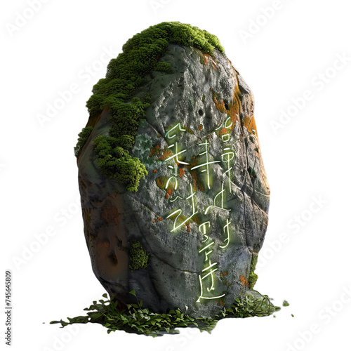 moss covered stone with a glowing inscript isolated on transparent background, png photo