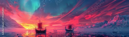 Viking longships under a 5G sky, digital auroras, merging eras photo