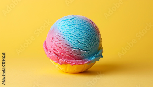 Colorful ice cream with syrup isolate on yellow background. 