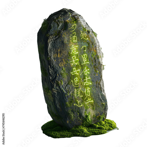 moss covered stone with a glowing inscript isolated on transparent background, png photo