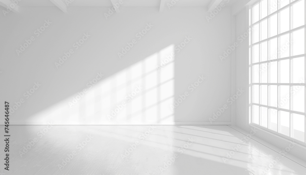 Obraz premium Empty room with sunlight shining, large window. White gradient soft light background of studio for artwork design.