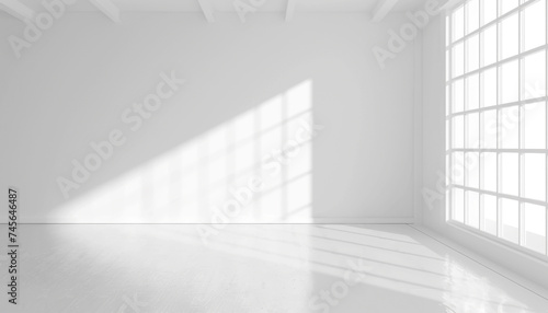  Empty room with sunlight shining, large window. White gradient soft light background of studio for artwork design.