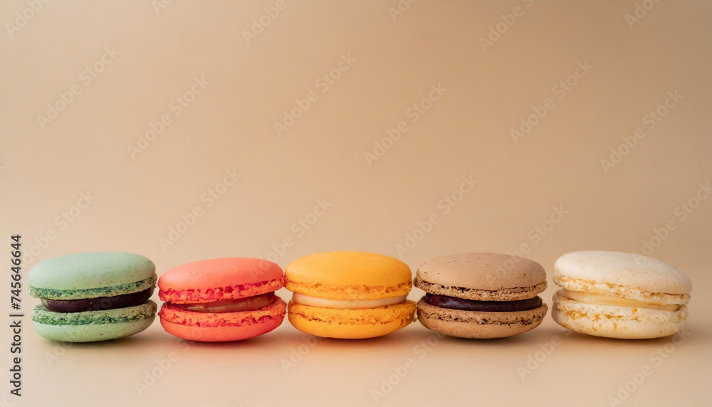Fototapeta premium Display of colorful macarons on beige background
