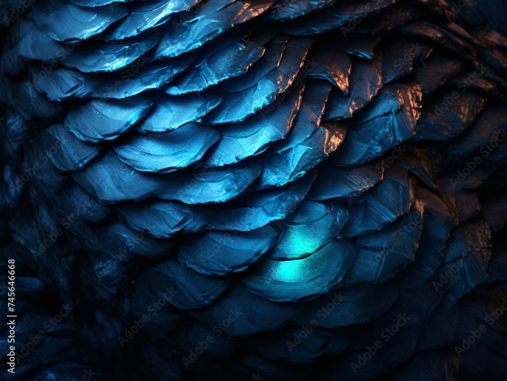 Obraz premium Close-up of ancient dragon scales, glowing with ethereal light in a dark cave