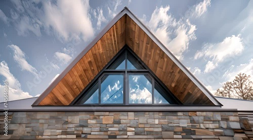 Abstract view looking up at a roof design with wood stone mixture and large triangle window
 photo